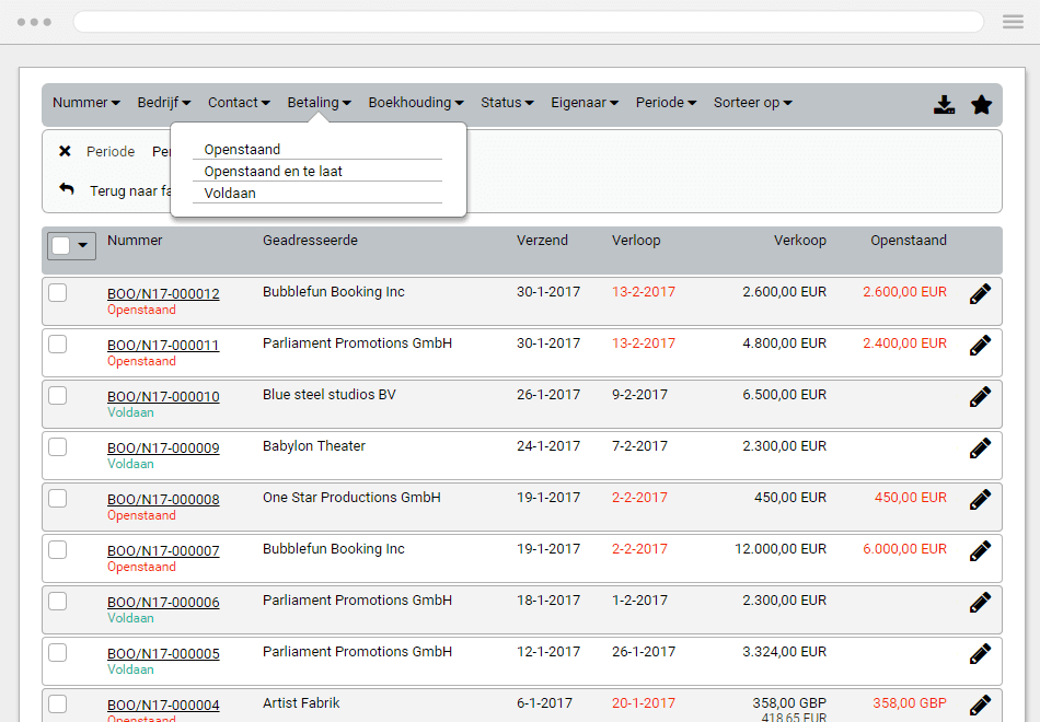 Screenshot of invoice section